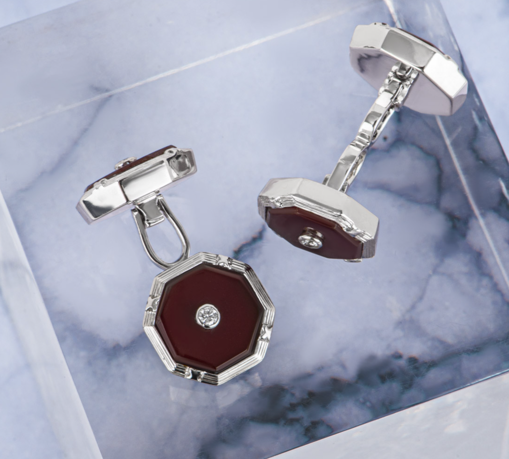 18ct white gold, diamond & red onyx cufflinks