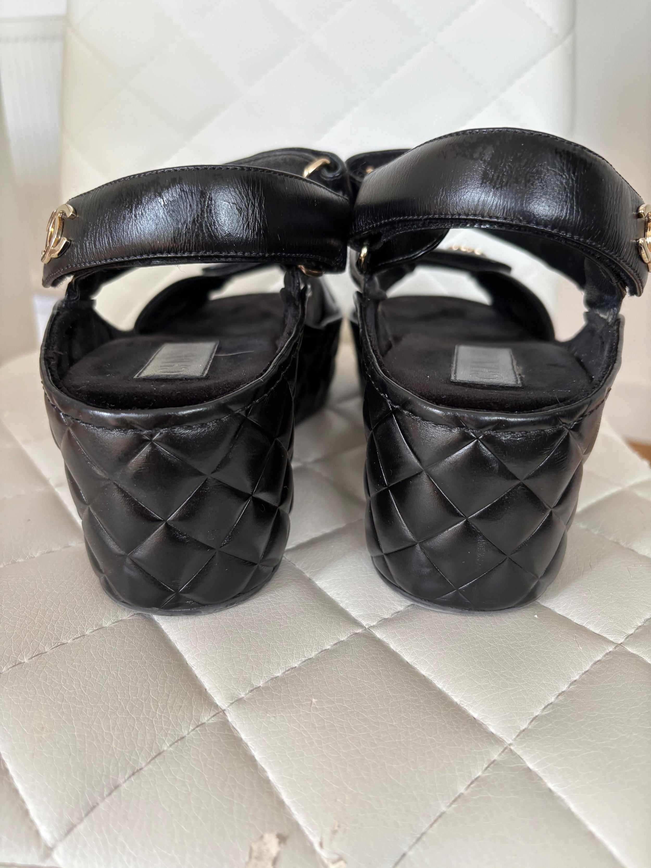 Chanel Black Leather Wedge Sandals
