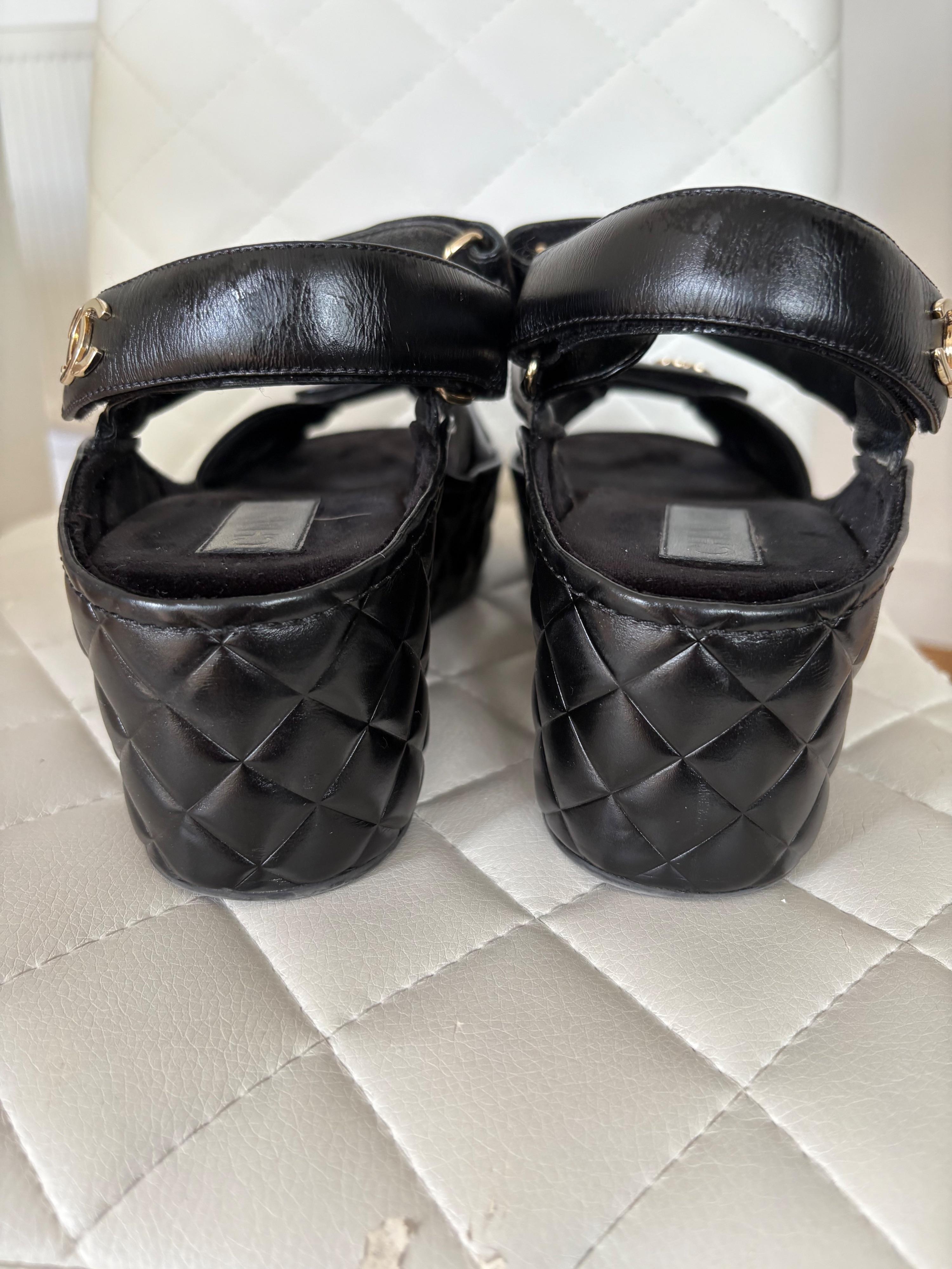 Chanel Black Leather Wedge Sandals