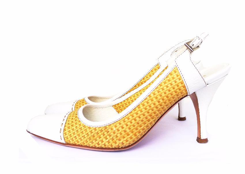 Prada Leather Raffia Slingback Heels