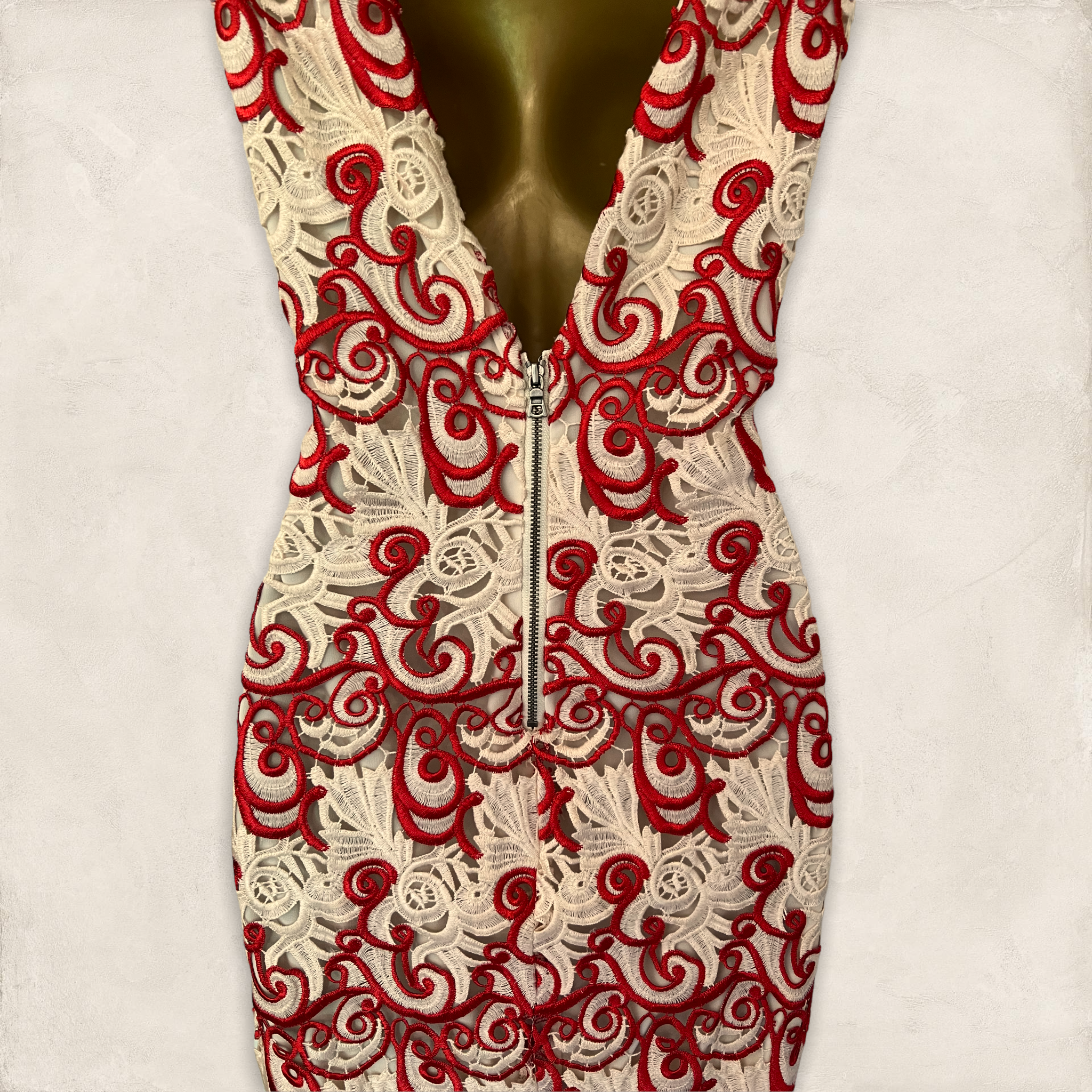Red & white guipure lace low-back dress