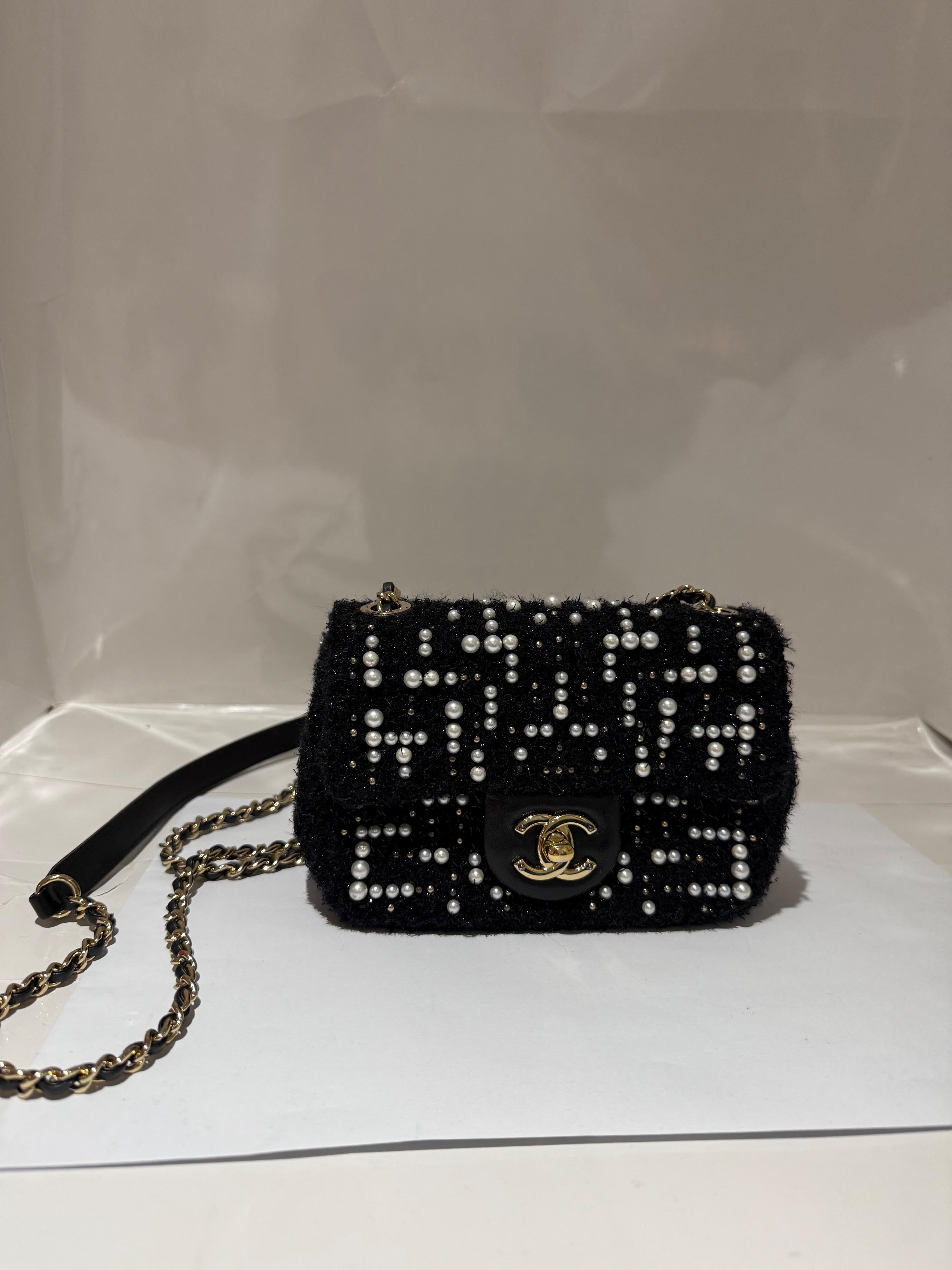 Chanel Black Tweed Cosmos Pearl Single Flap Bag