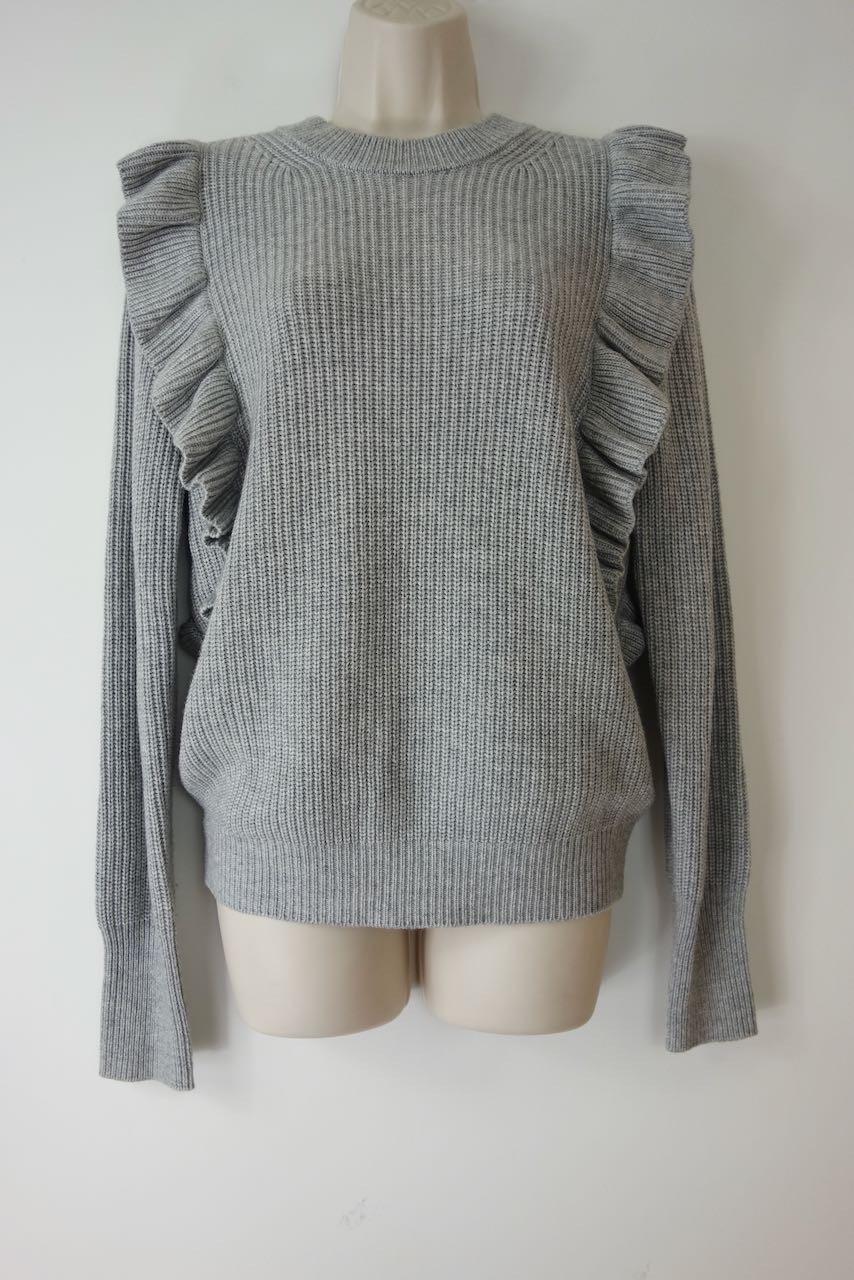 grey ribbed frilled shoulder jumper