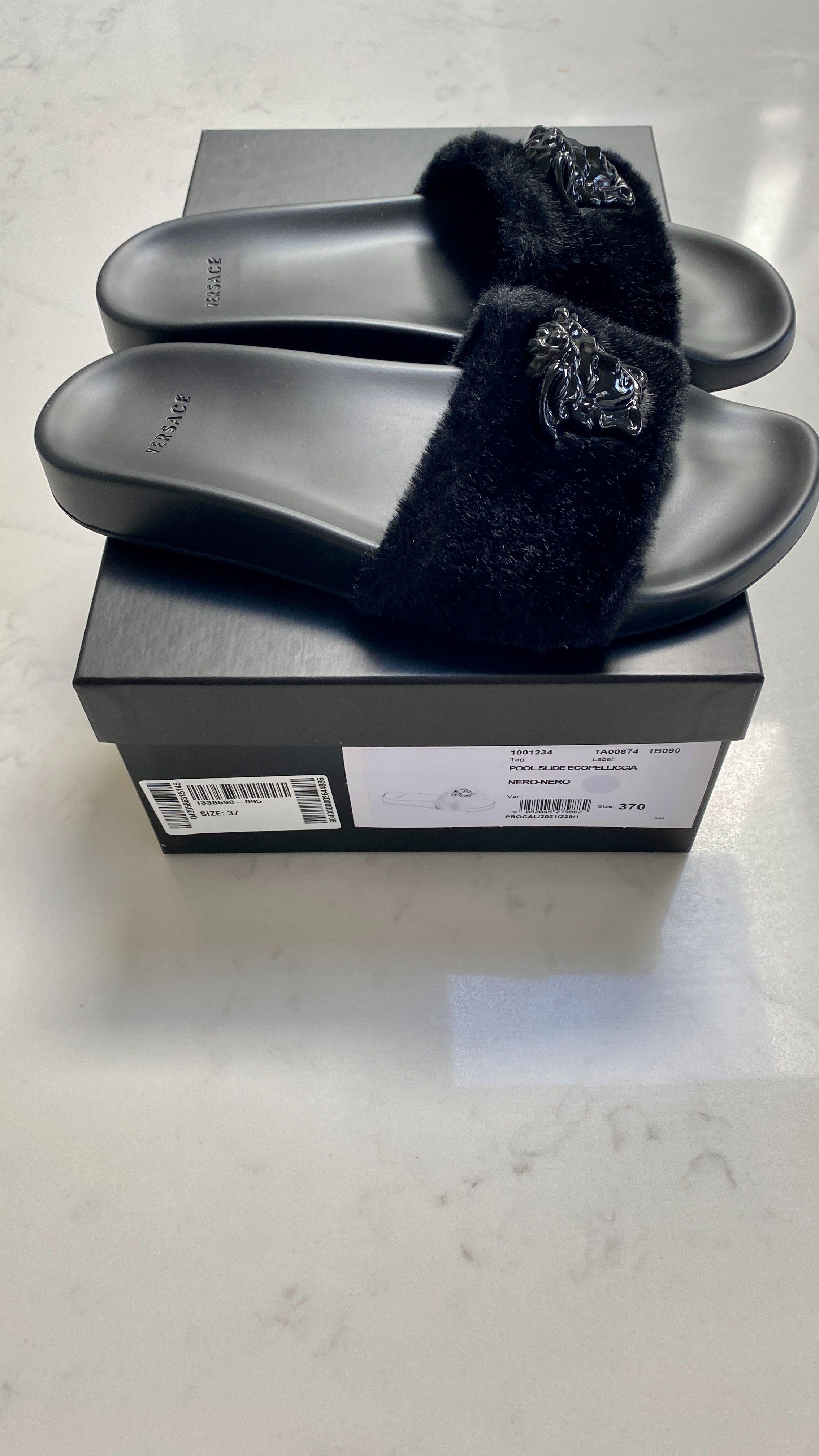 Versace Black Faux Fur Medusa Slides