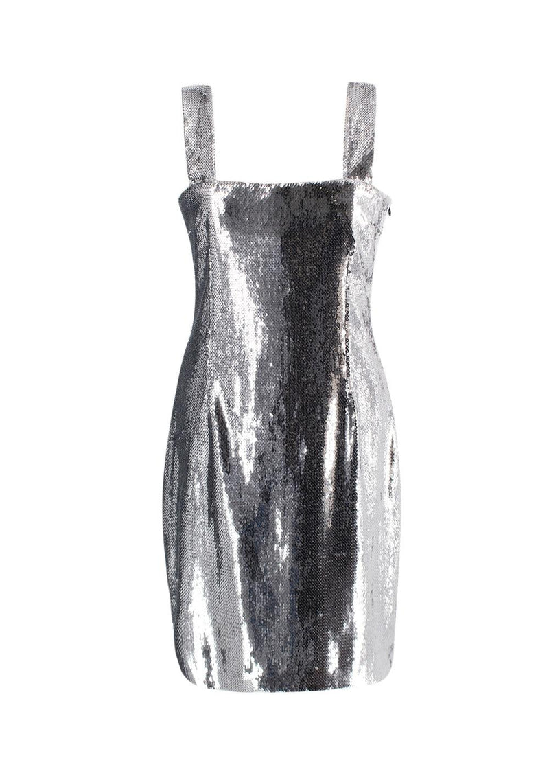 Galvan Silver Sequin Square Neckline Midi Dress