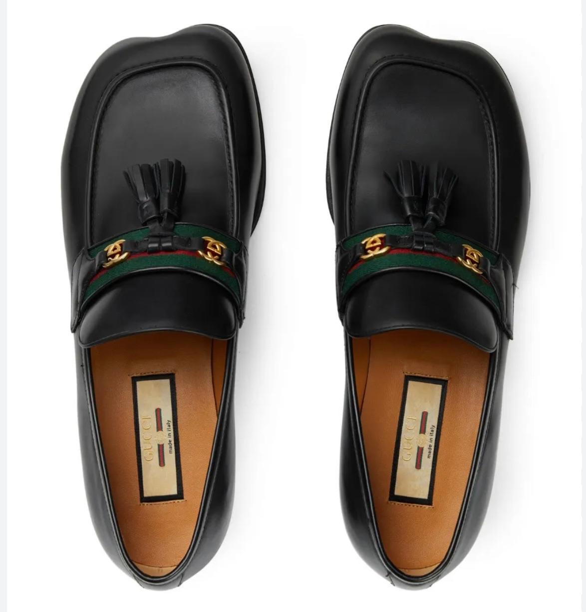 Gucci Black Leather Web Interlocking Loafers