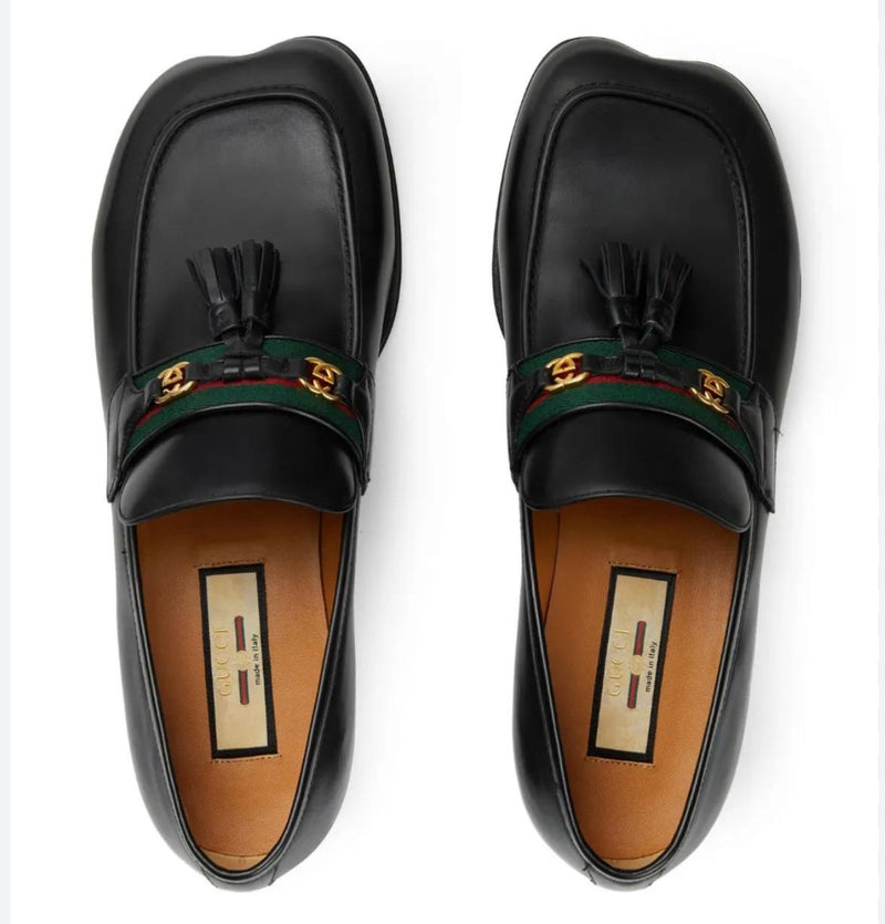 Gucci Black Leather Web Interlocking Loafers