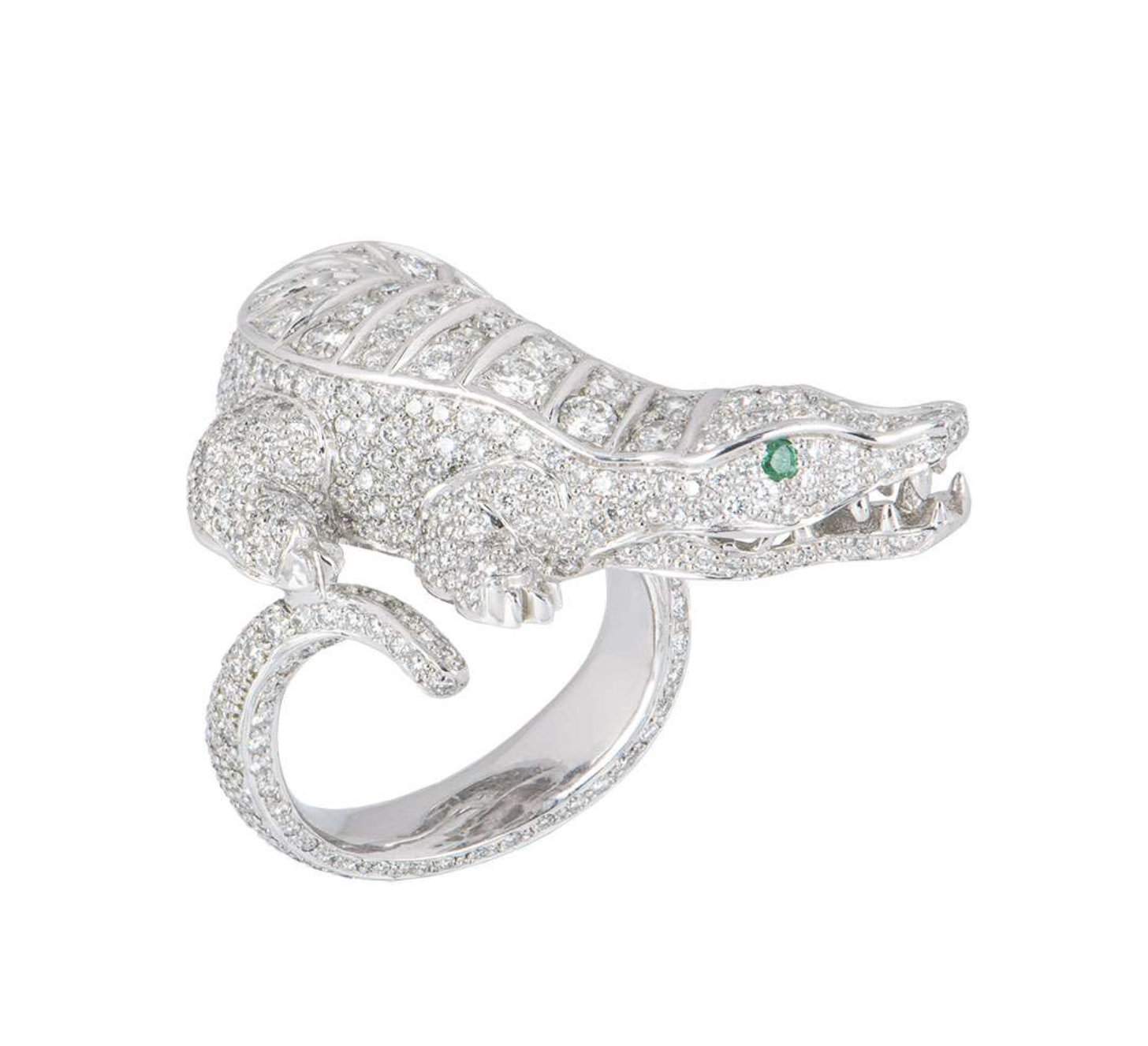 18ct white gold, diamond & emerald alligator dress ring 5.75ct 63.5EU