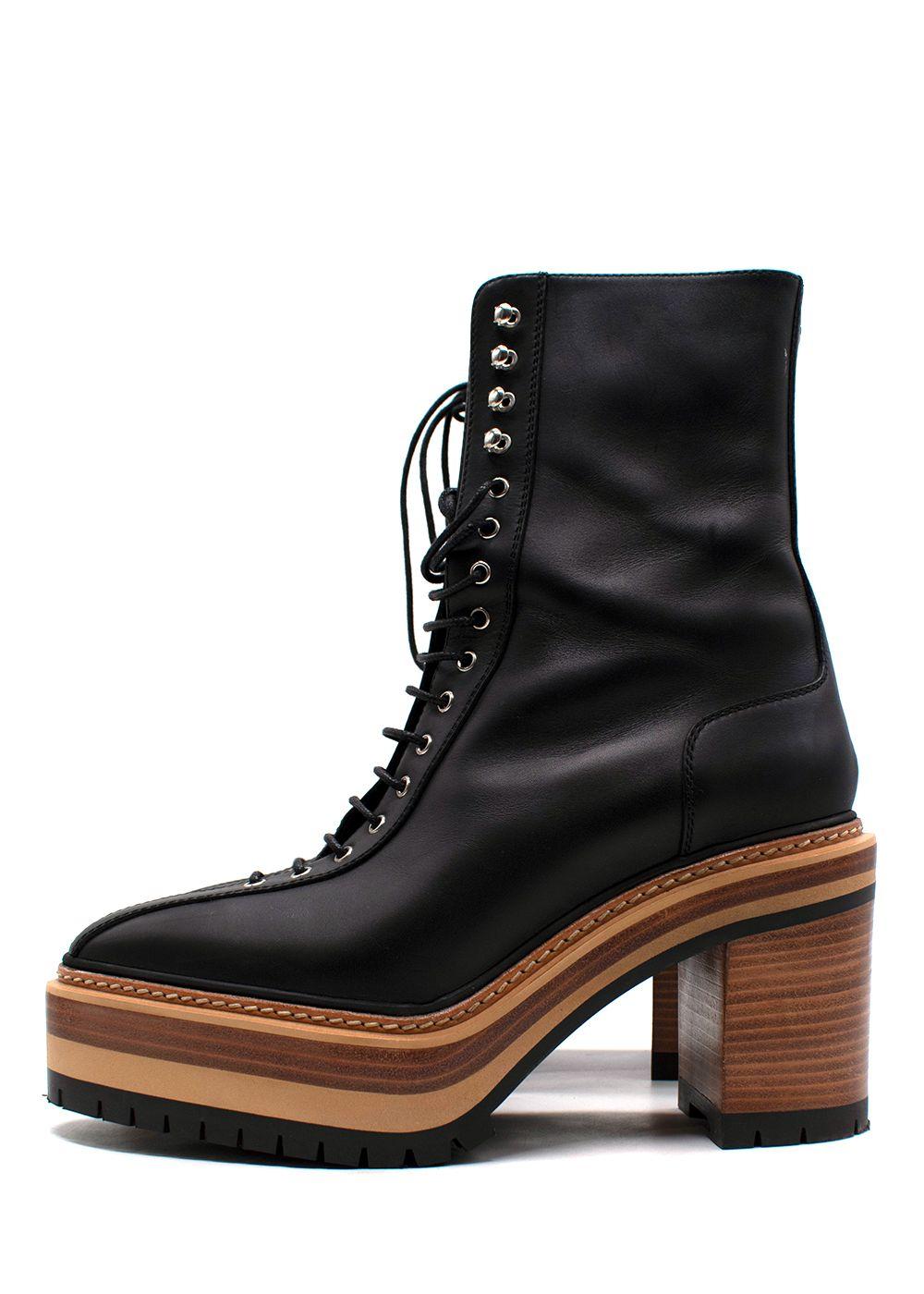 Hermes Black Leather Lace Up Platform Boots