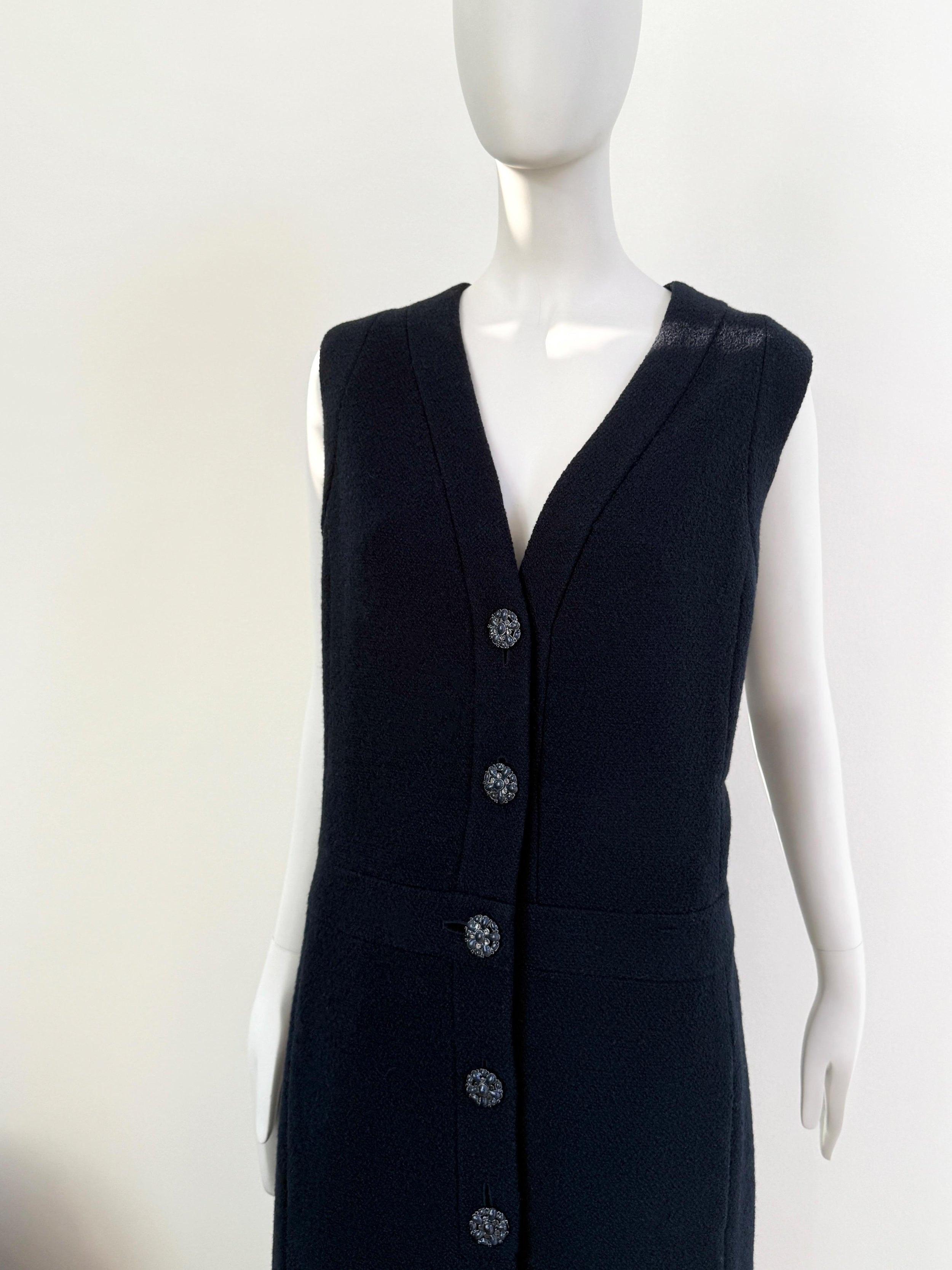 Chanel Navy Boucle Tweed Midi Dress  with Gripoix Jewel Buttons