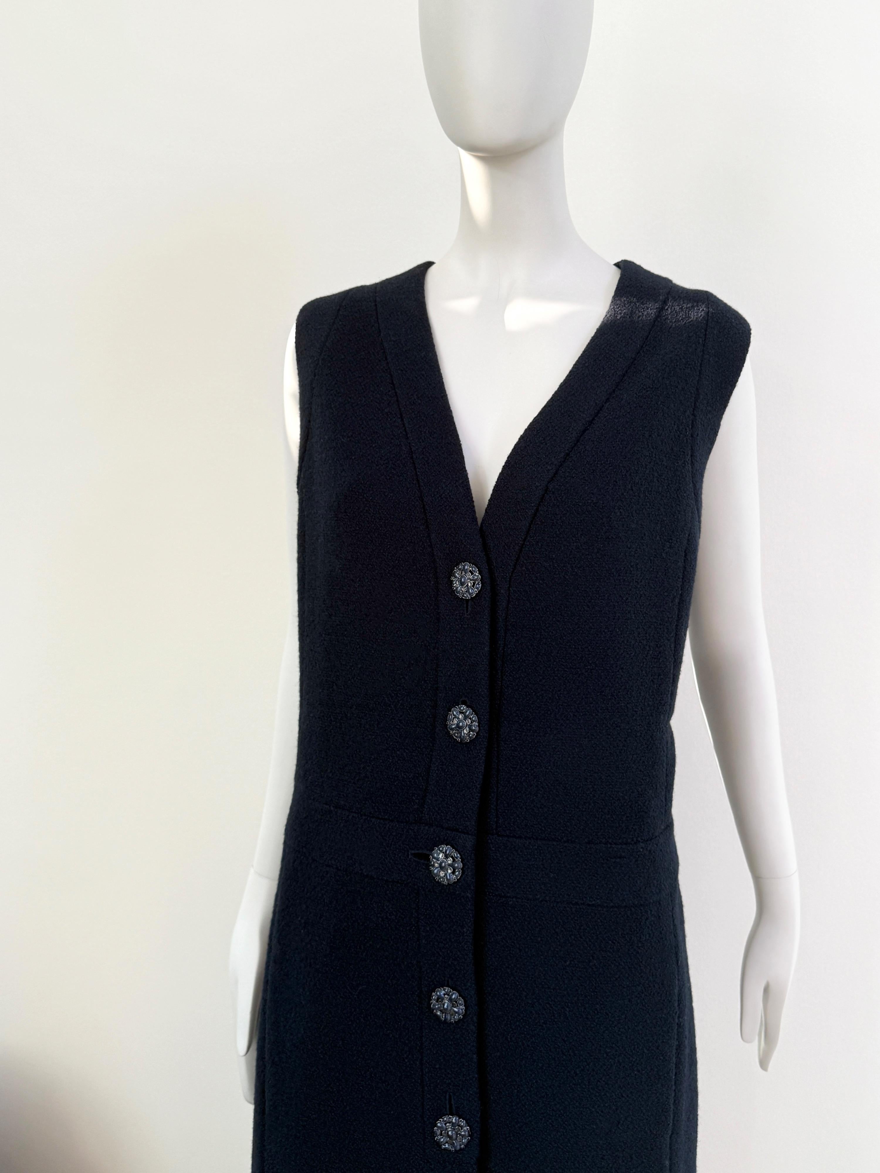 Chanel Navy Boucle Tweed Midi Dress  with Gripoix Jewel Buttons