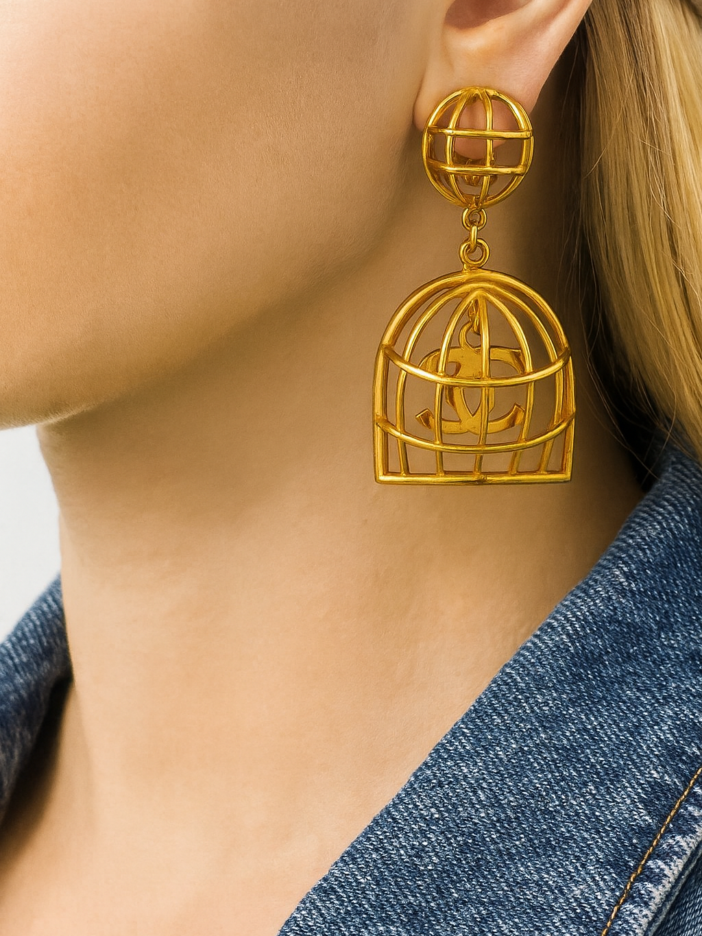 Chanel Vintage Gold Metal Birdcage Earrings