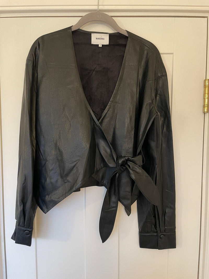 Black Faux Leather Wrap Top