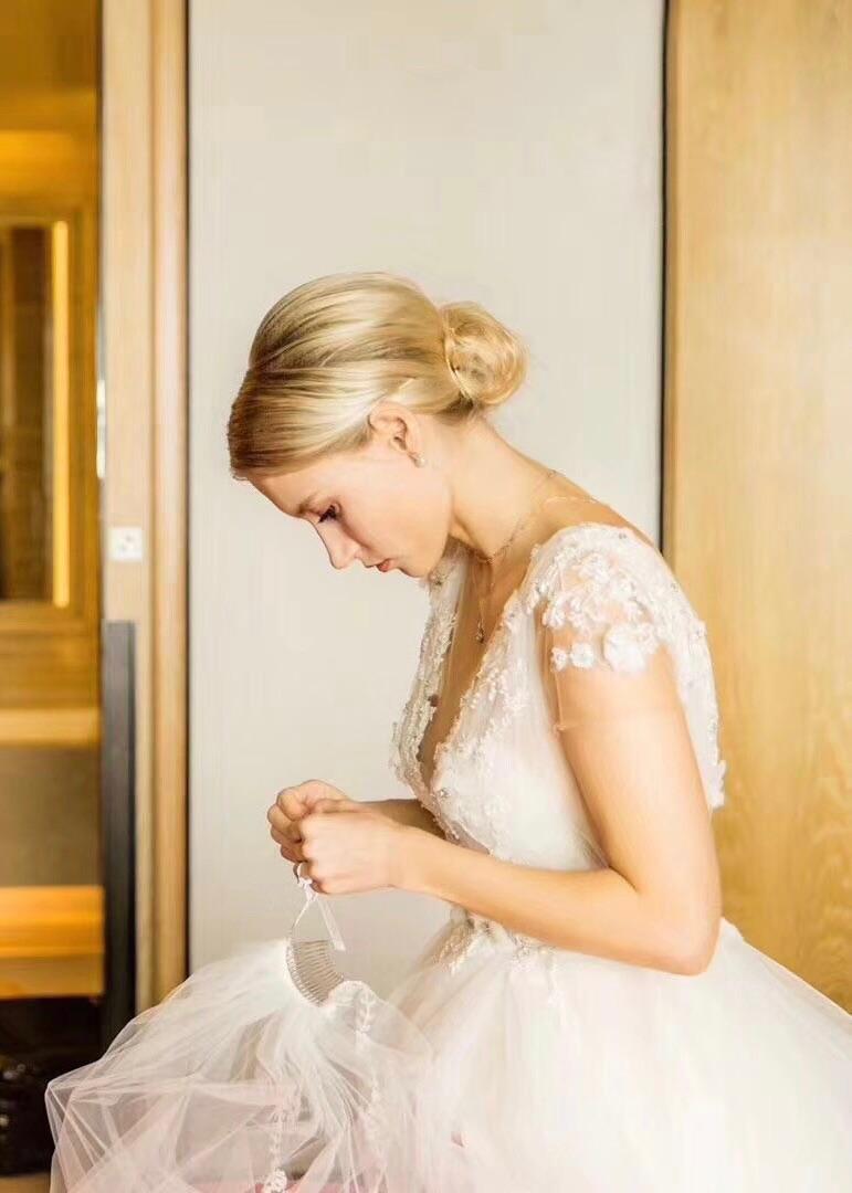 Custom Made Floral Embroidered Tiered Wedding Dress