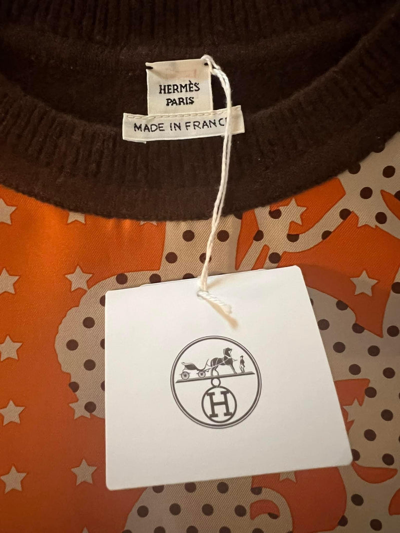 Hermes Orange and Brown Silk Blend Short Sleeve Twillaine Top