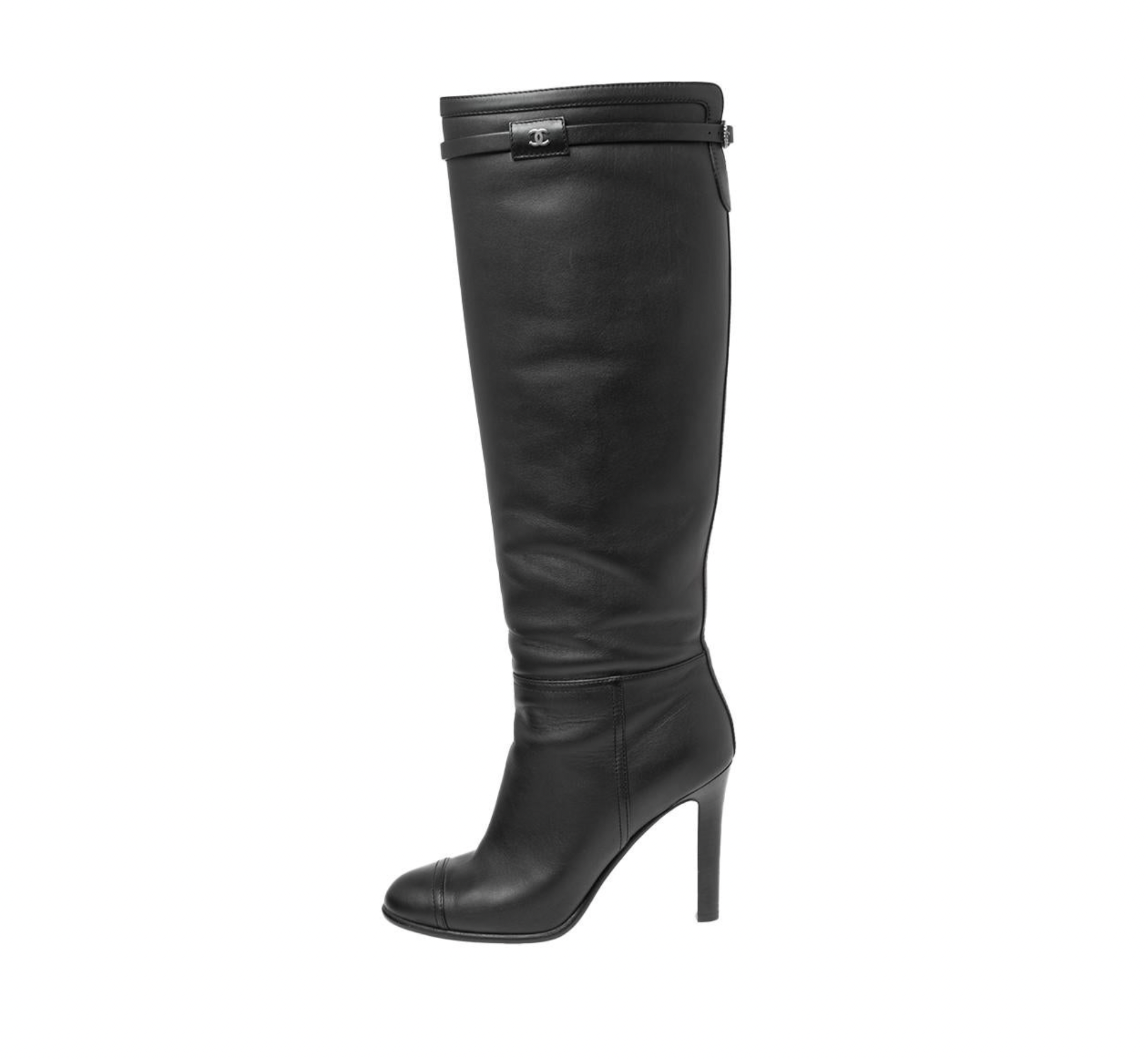 Black Leather CC Heeled Knee High Boots