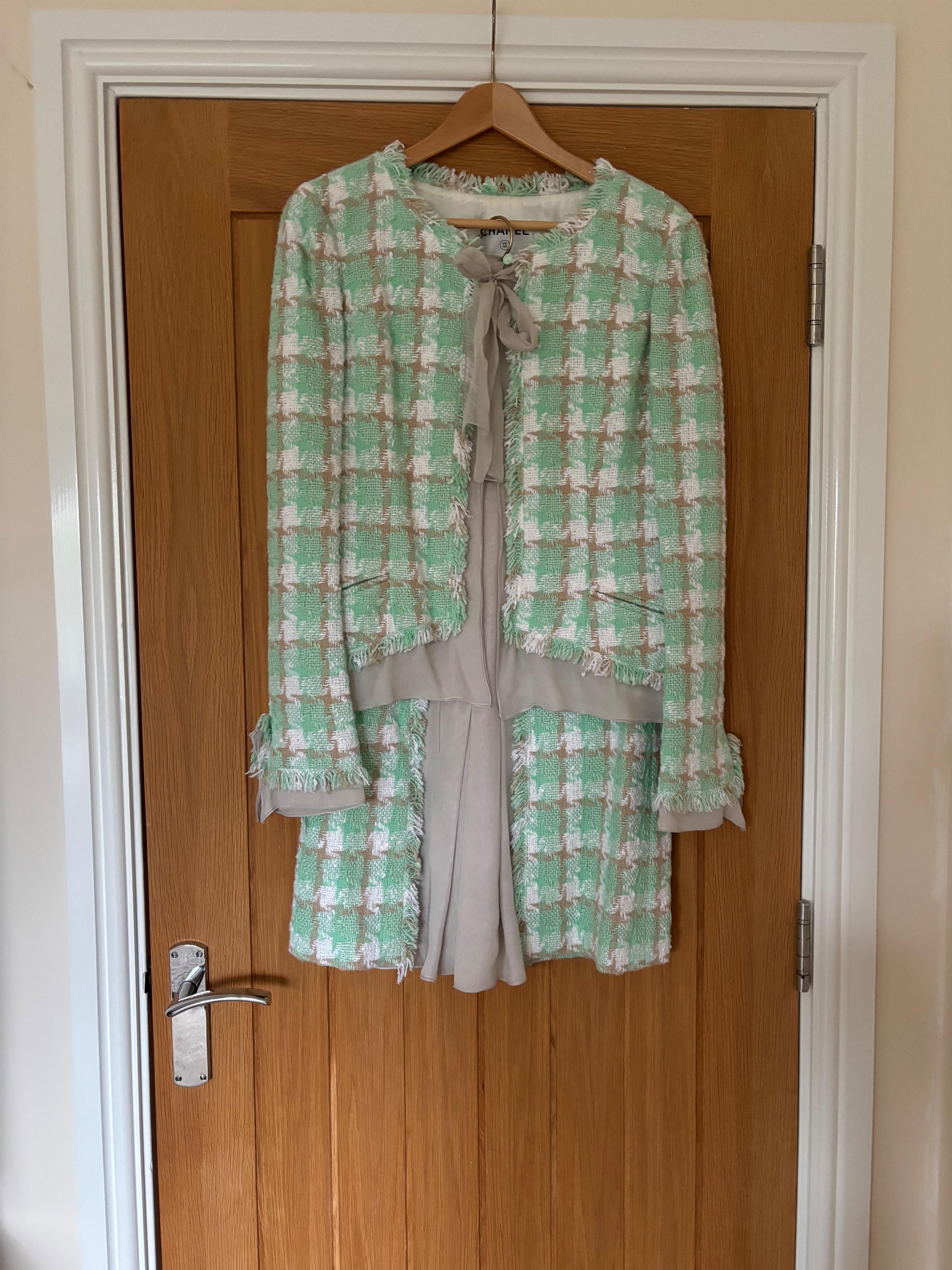 Chanel Green Tweed Jacket and Skirt Set