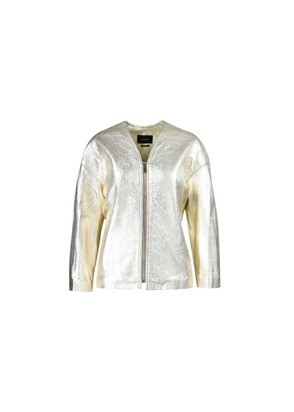 Metallic gold leather collarless jacket