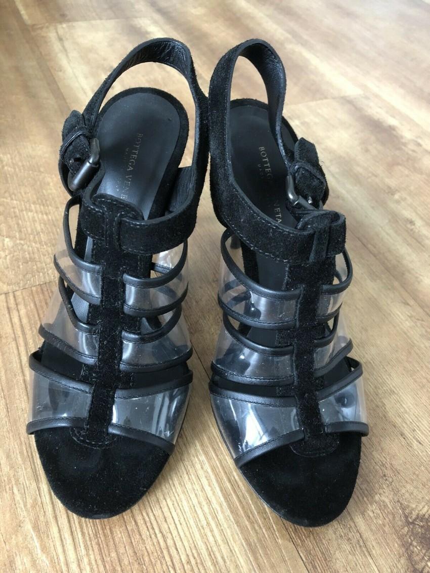 Bottega Veneta black leather transparent heeled sandals