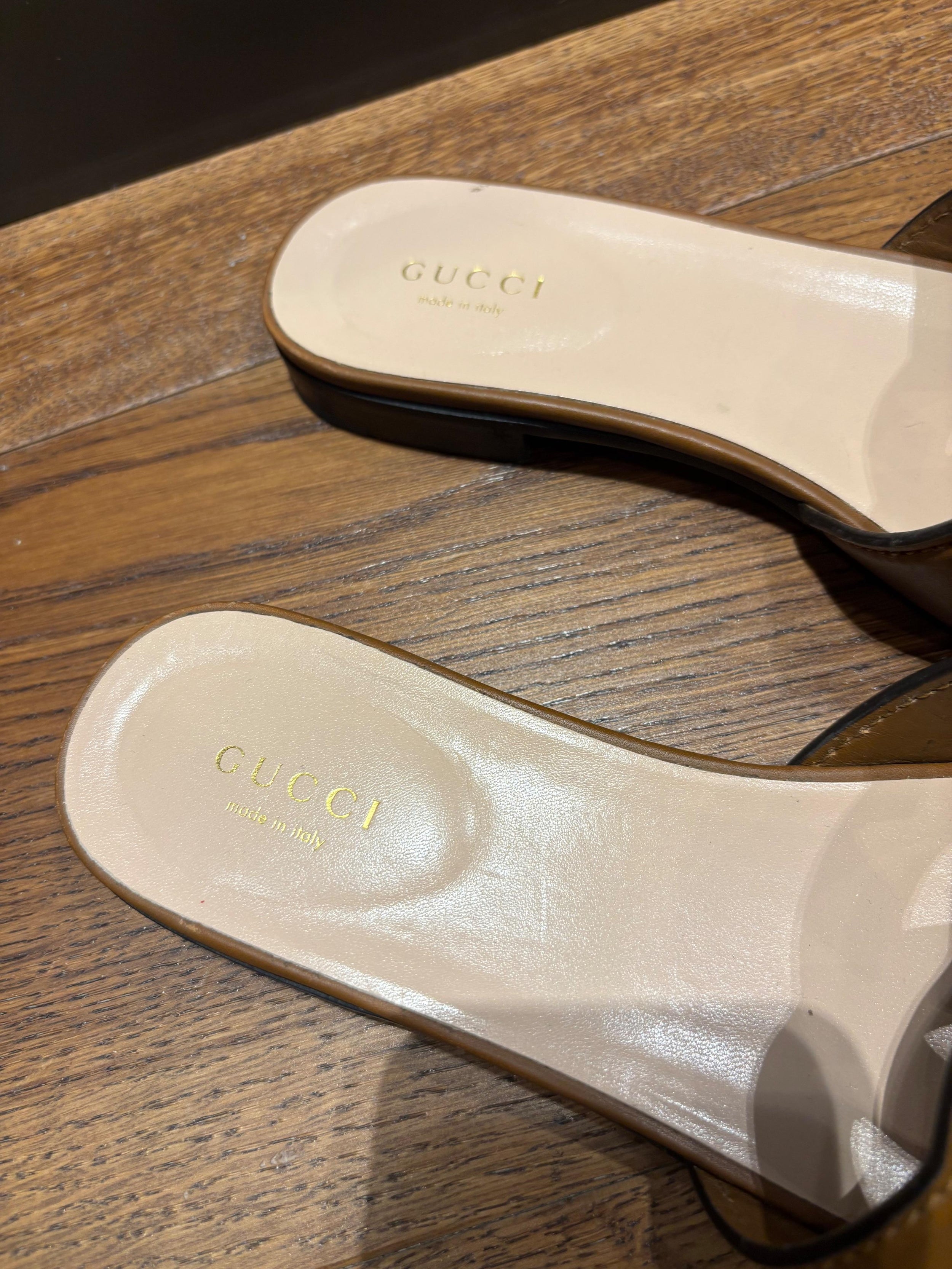 Gucci Tan Leather Flat Sandals