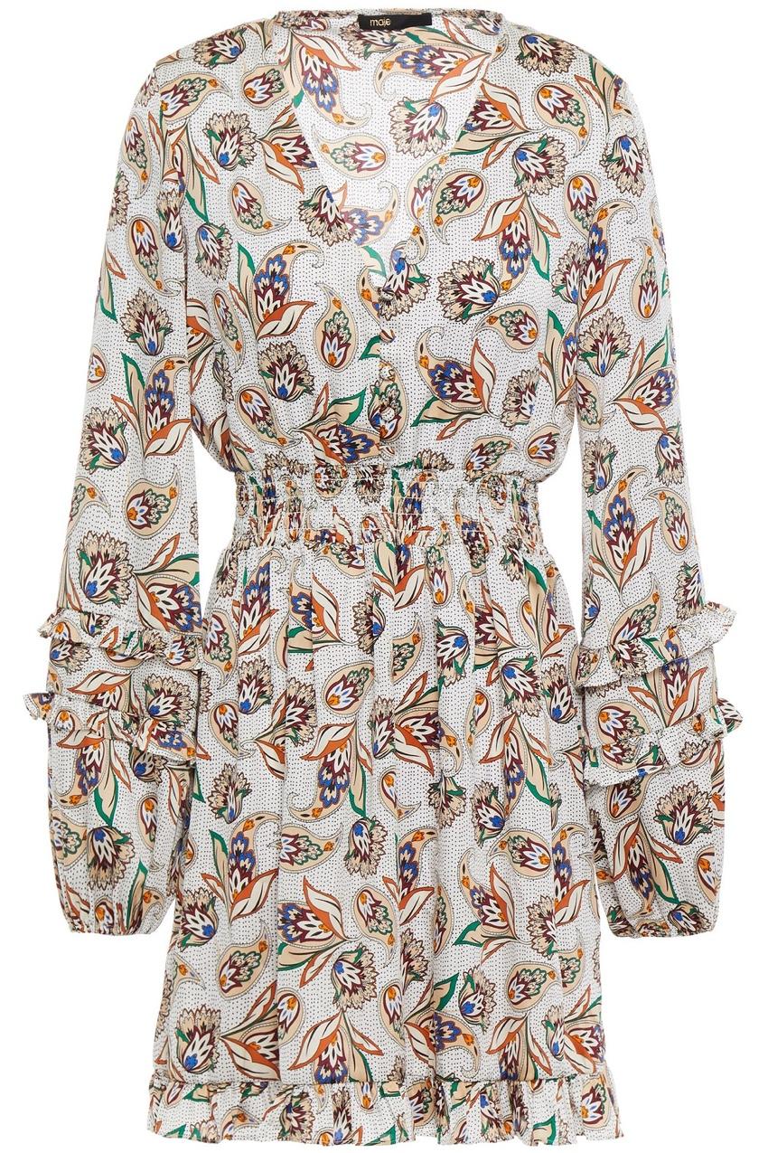 MAJE Ruffle-trimmed shirred printed cady mini dress