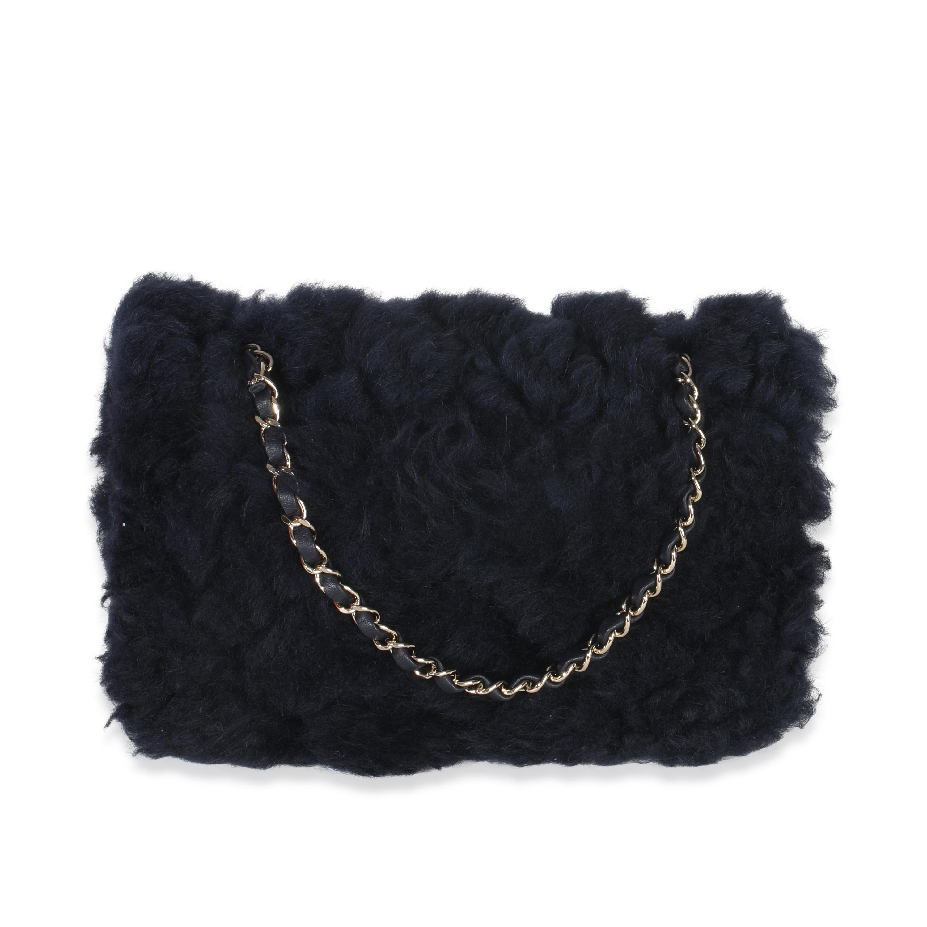 Chanel  Shearling Quilted Lambskin Medium Flap Bag in Navy