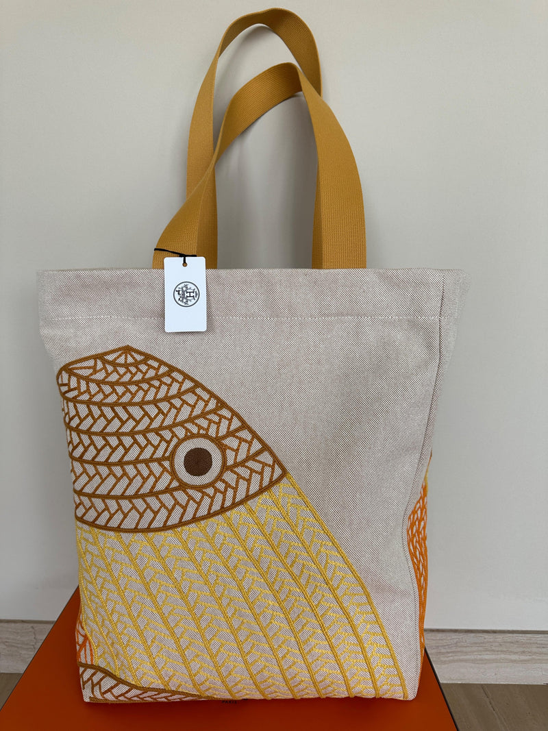 Hermes Poisson Natte Canvas Beach Tote Bag