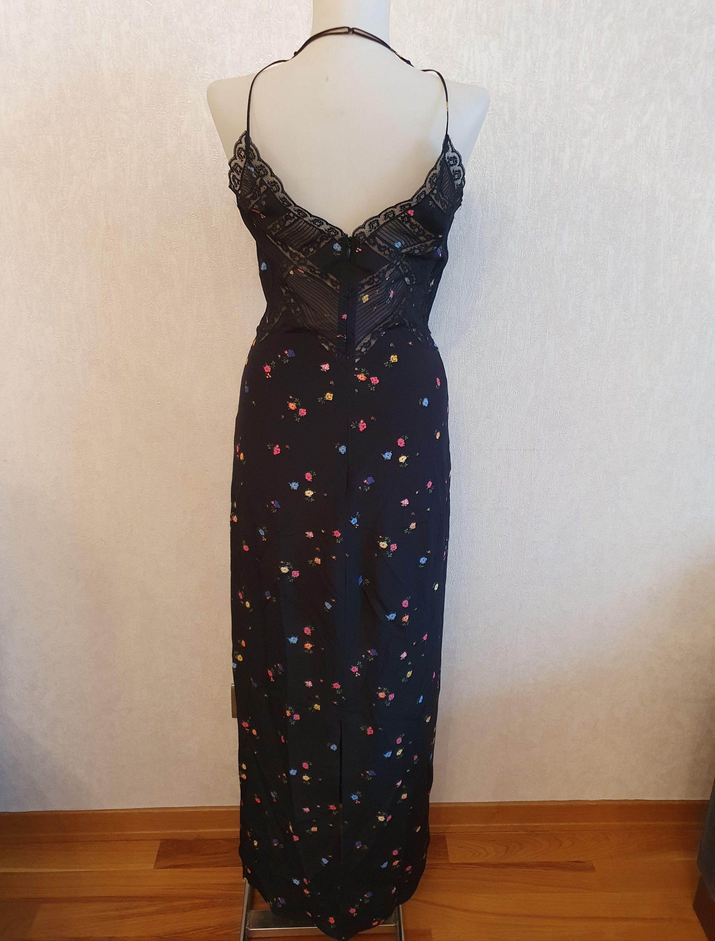 Black floral silk crepe & lace slip dress
