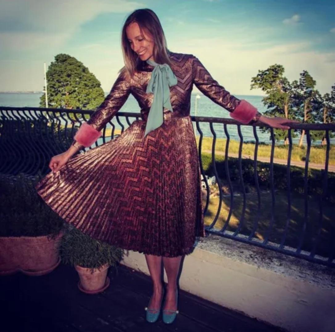 Bronze metallic lame pussy-bow dress