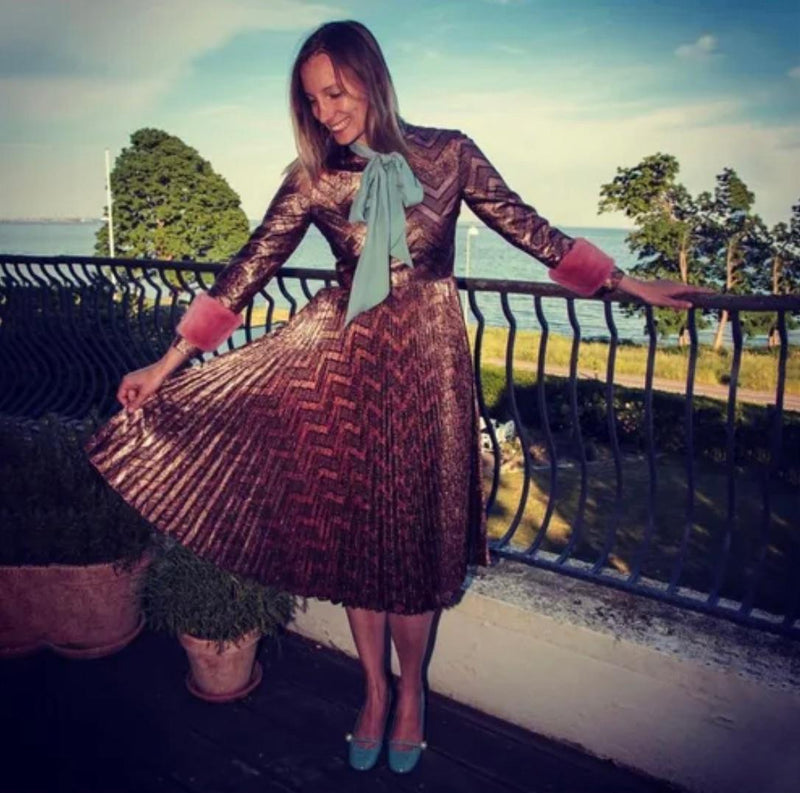 Bronze metallic lame pussy-bow dress