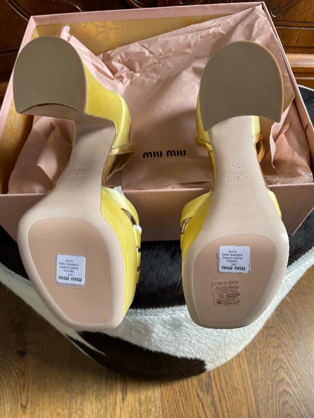 Miu Miu Gold Leather & Yellow Satin Platform Sandals