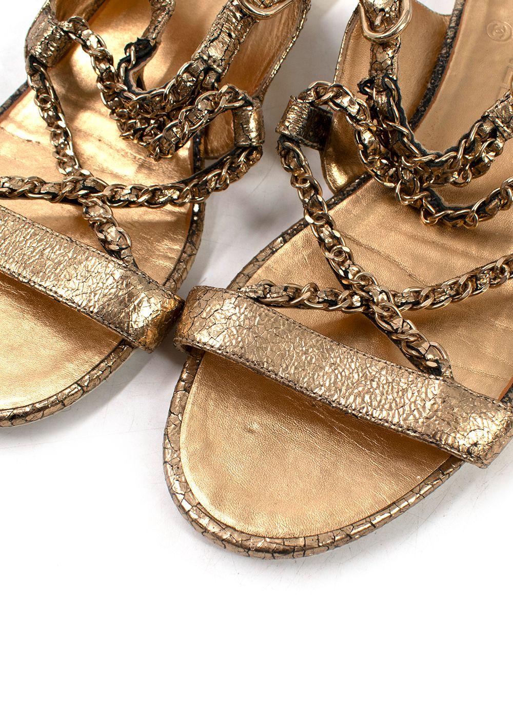 Chanel Metallic Gold Leather Chain Detail Sandals