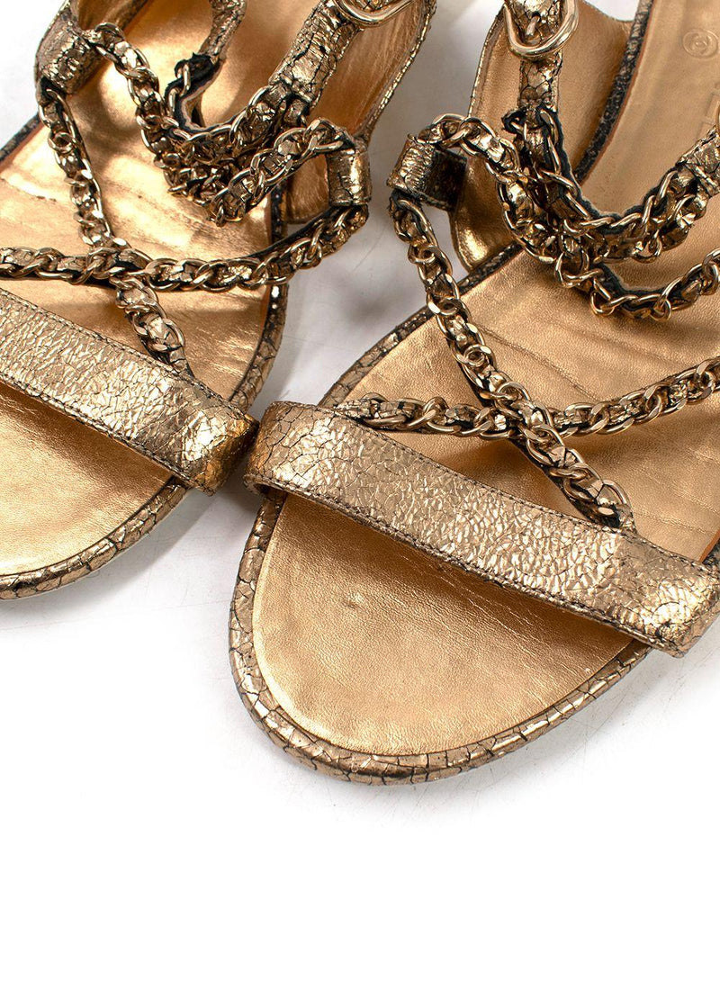 Chanel Metallic Gold Leather Chain Detail Sandals