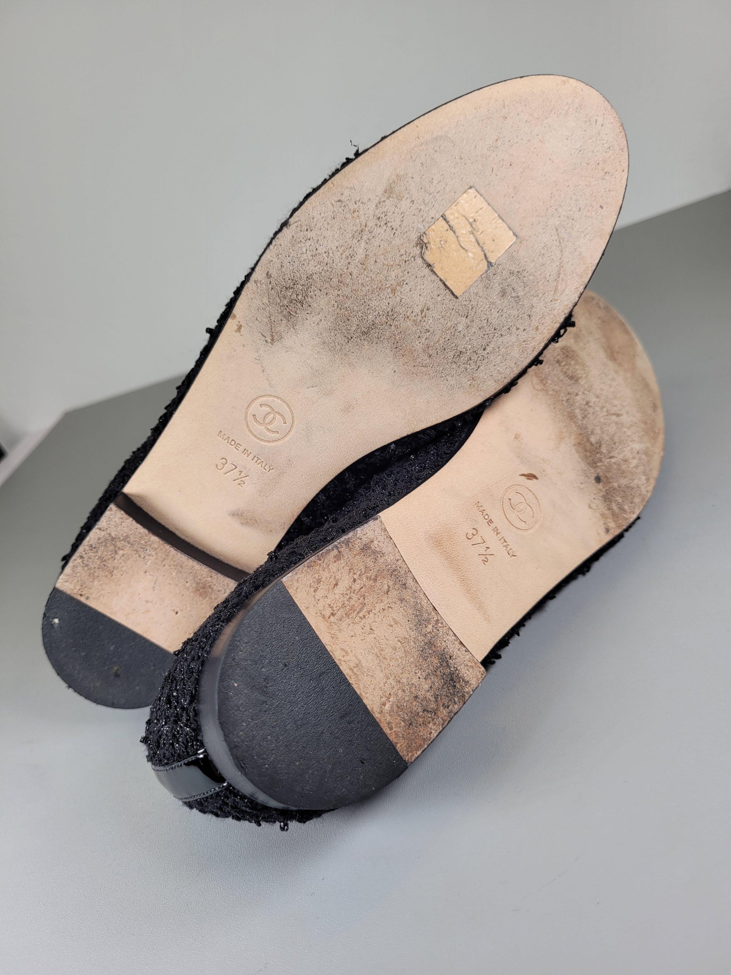 Chanel Black Patent Leather and Tweed Brogues