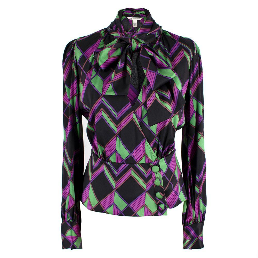 Diane Von Furstenberg Purple Geometric Print Pussy-bow Silk Blouse