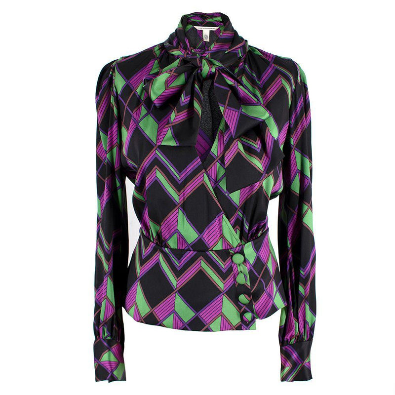Diane Von Furstenberg Purple Geometric Print Pussy-bow Silk Blouse