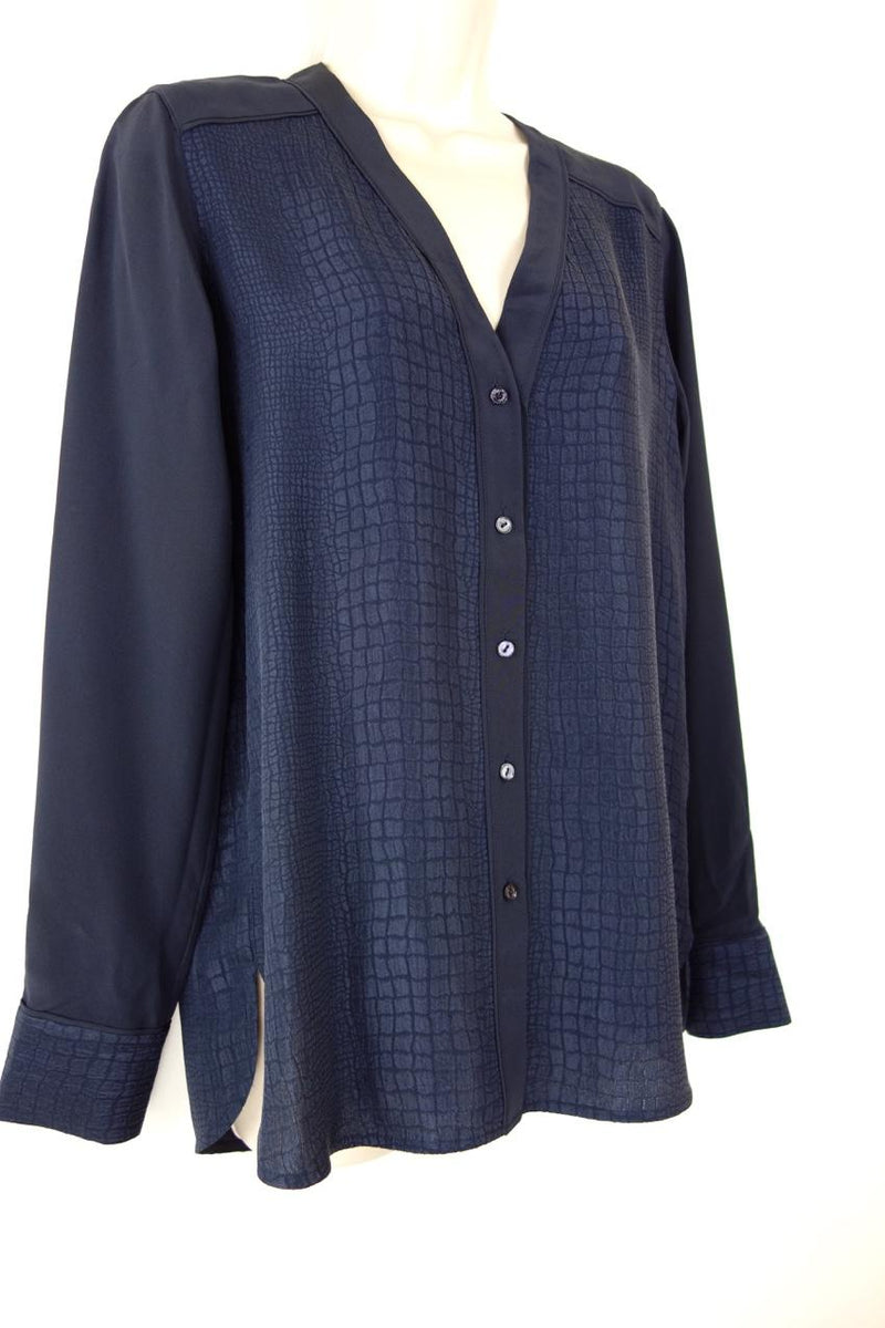 Vince Navy Textured Long Sleeve Blouse