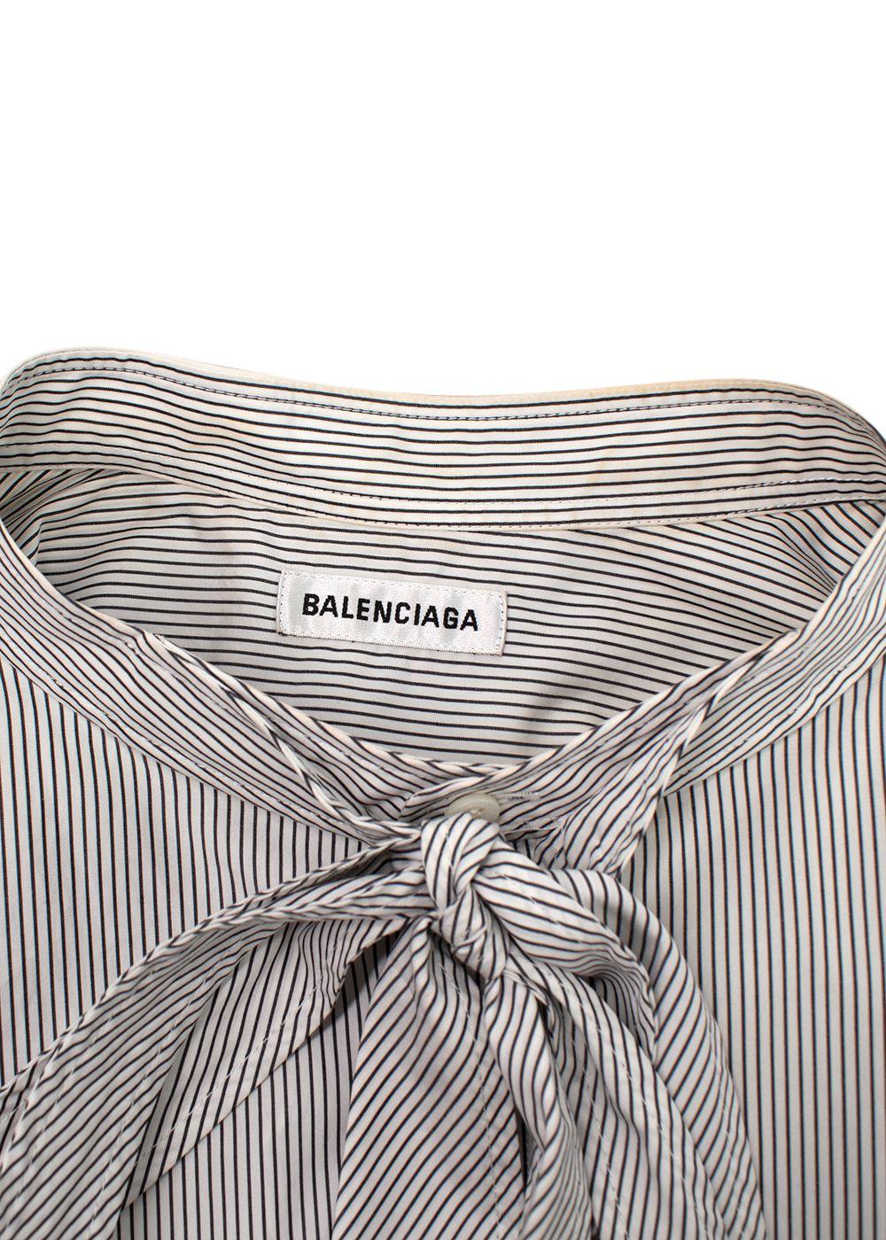 Balenciaga White and Navy Striped Logo Oversized Shirt with Tie Detail