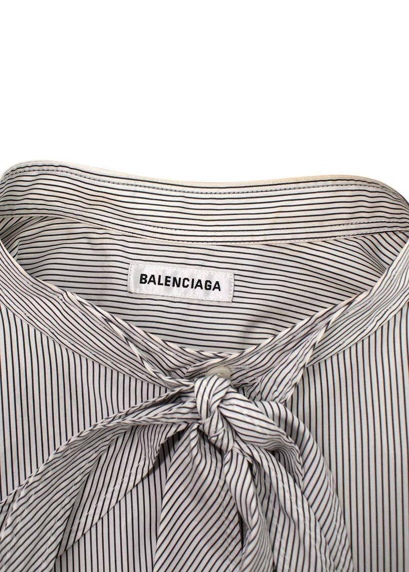 Balenciaga White and Navy Striped Logo Oversized Shirt with Tie Detail