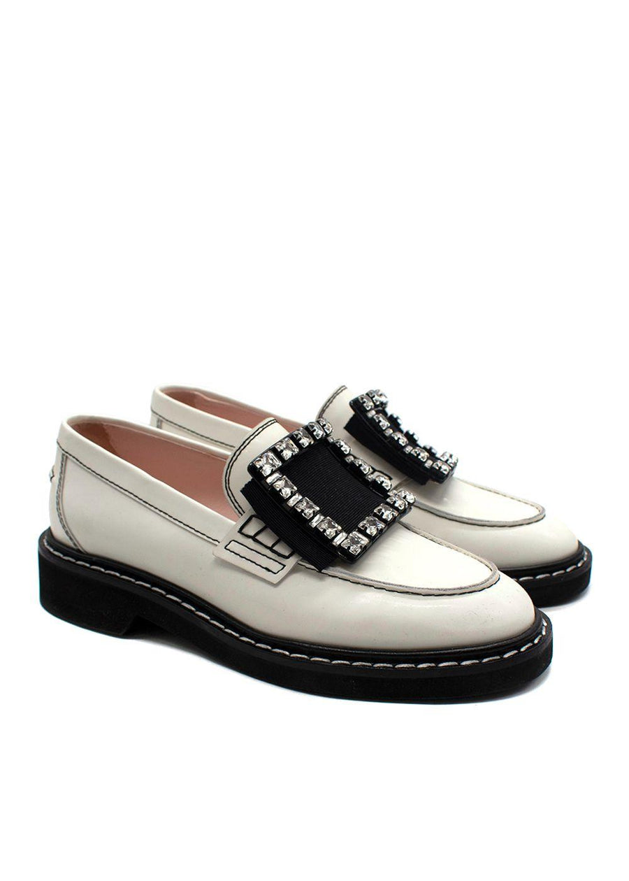 Roger Vivier White Leather Viv' Rangers Strass Buckle Loafers