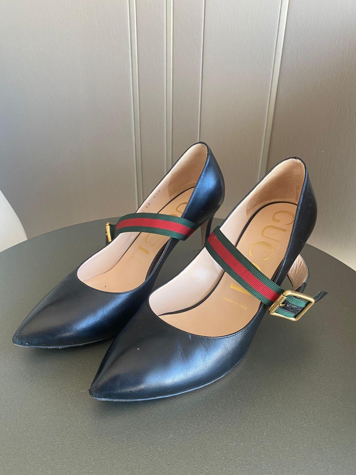 Black leather Sylvie heeled Mary Jane pumps