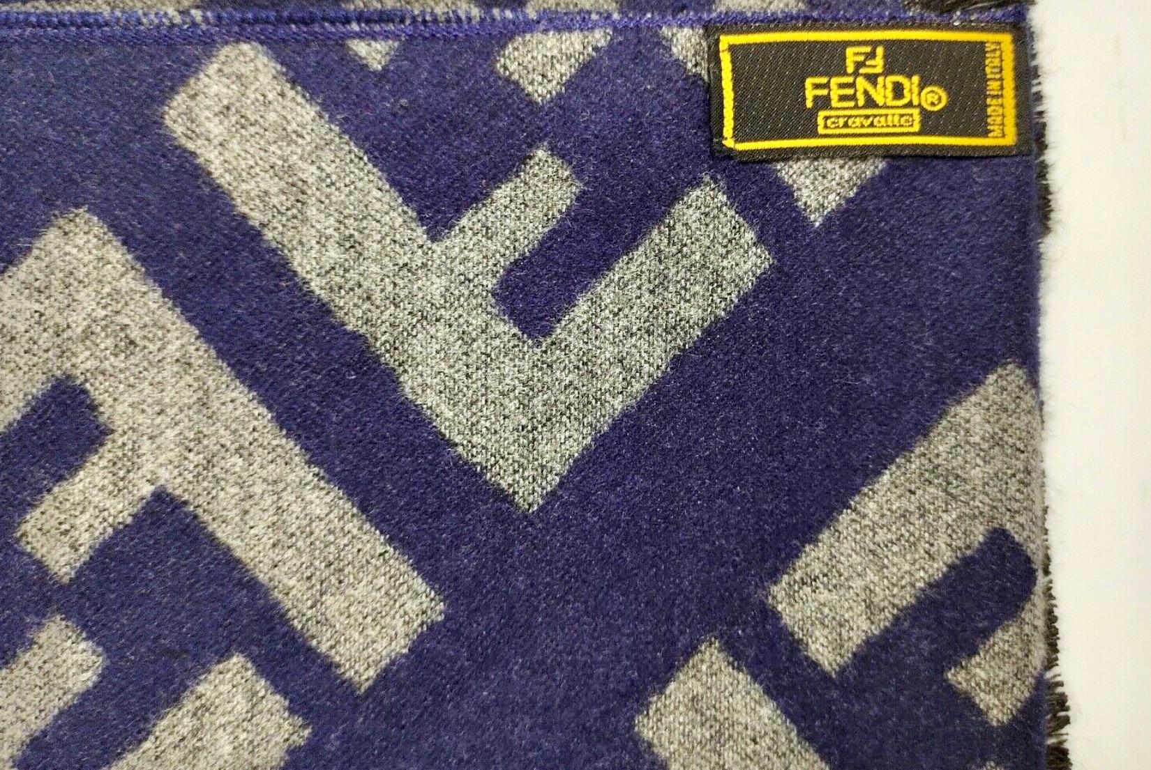 Fendi Grey and Blue Reversible Wool Scarf