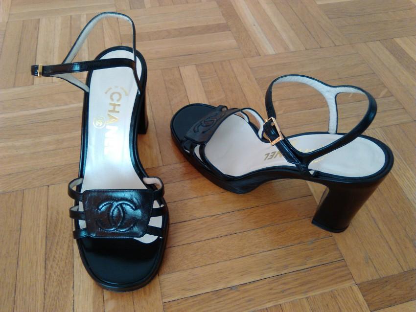 Chanel Black Leather Logo Plate Block Heel Sandals