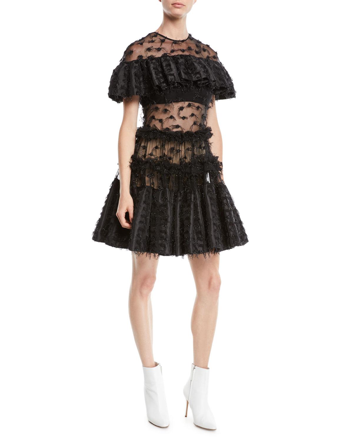 ANAIS JOURDEN black sheer shimmery ruffle tulle DRESS