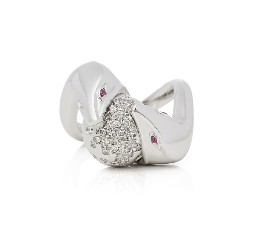 18ct white gold, diamond & ruby Serpent ring 52EU