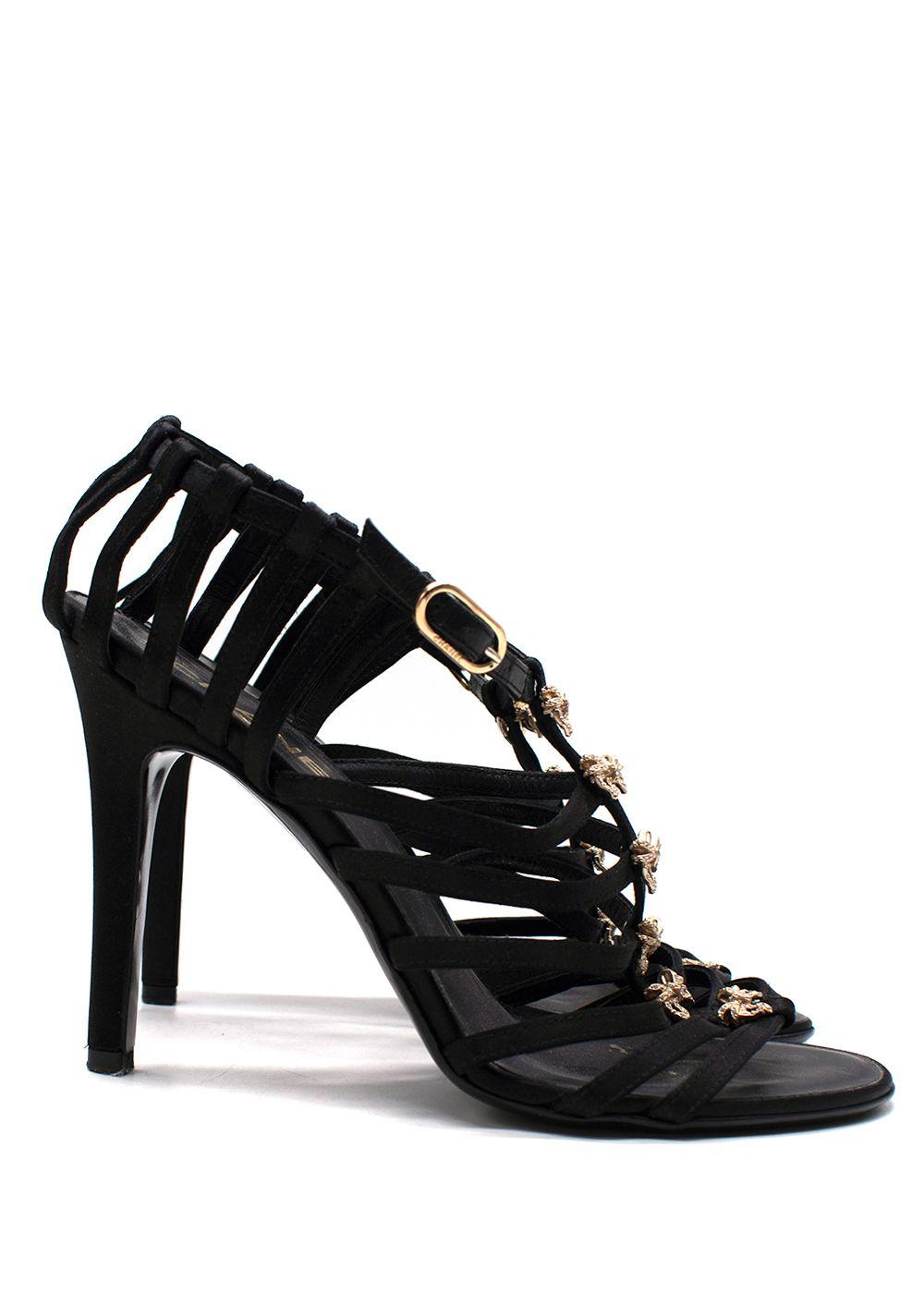 Chanel Black Satin Strappy Heels with Bow Detailing