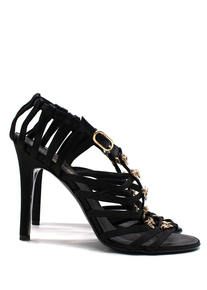 Chanel Black Satin Strappy Heels with Bow Detailing