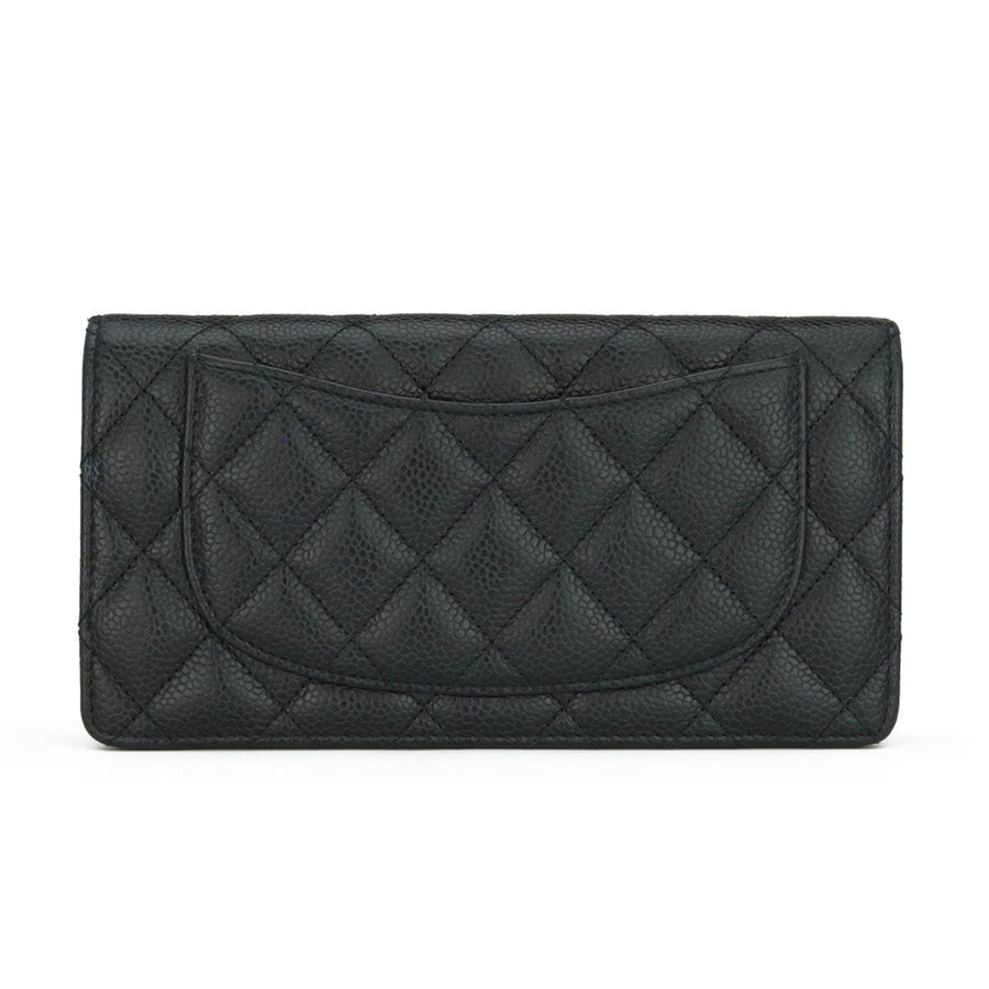 Chanel Black Caviar Leather Long Flap Yen Wallet with Silver Hardware