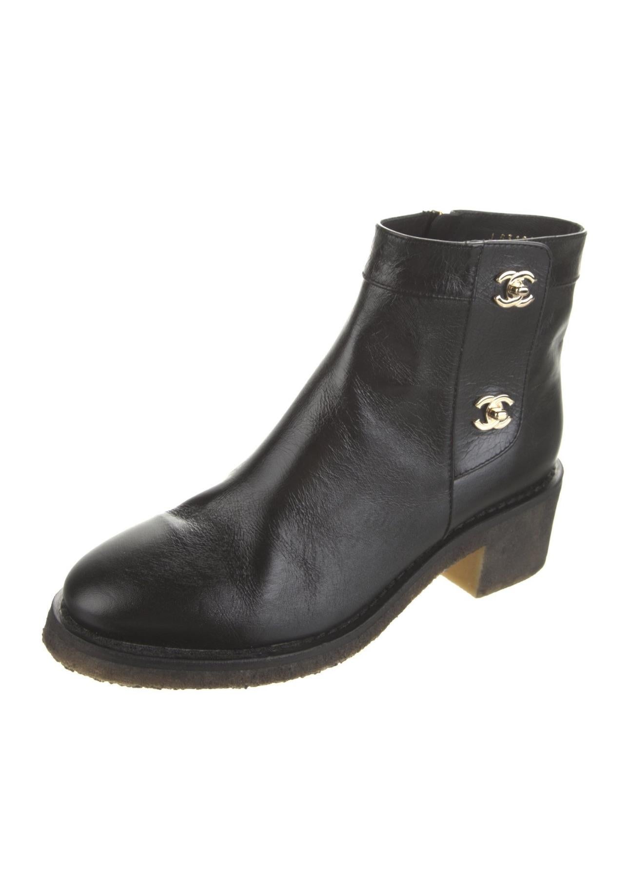 Chanel Black Interlocking CC Logo Ankle Boots