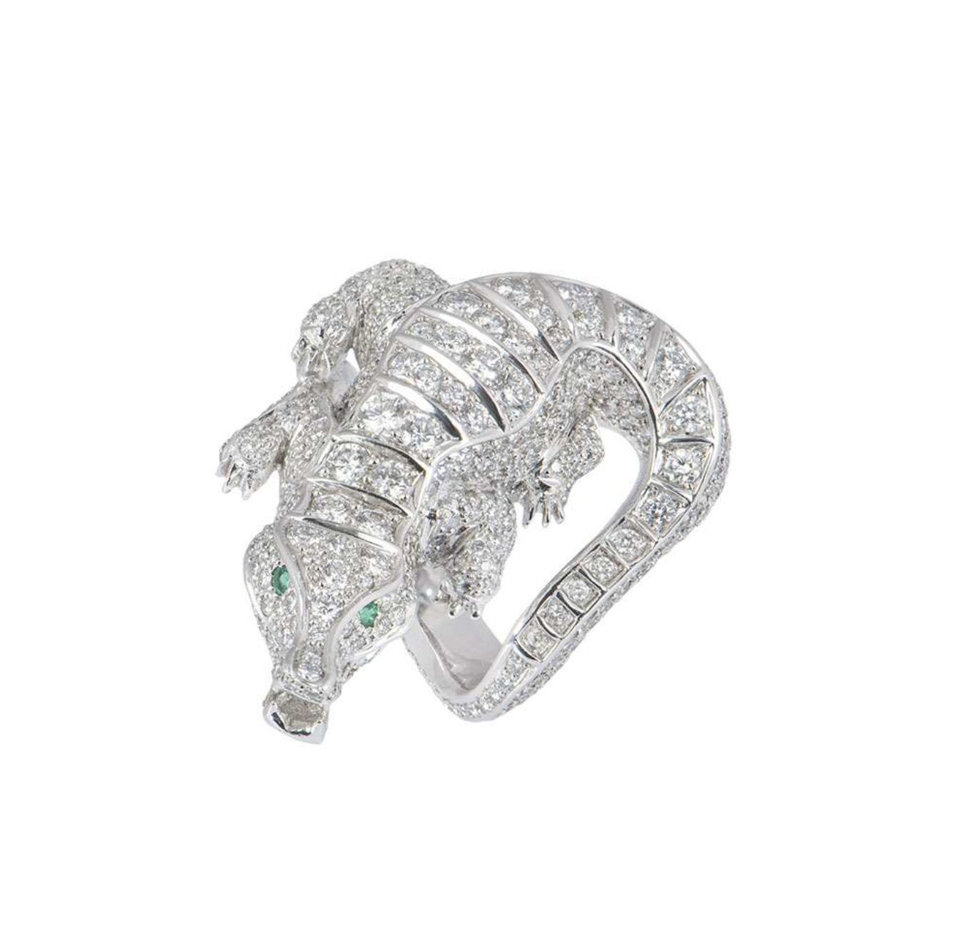 18ct white gold, diamond & emerald alligator dress ring 5.75ct 63.5EU